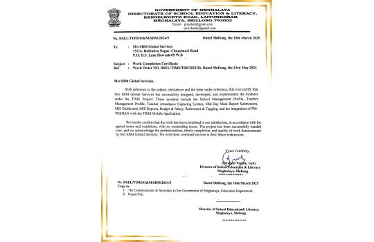 Work Completion Certificate – TIMS Project, Directorate of School Education, Meghalaya